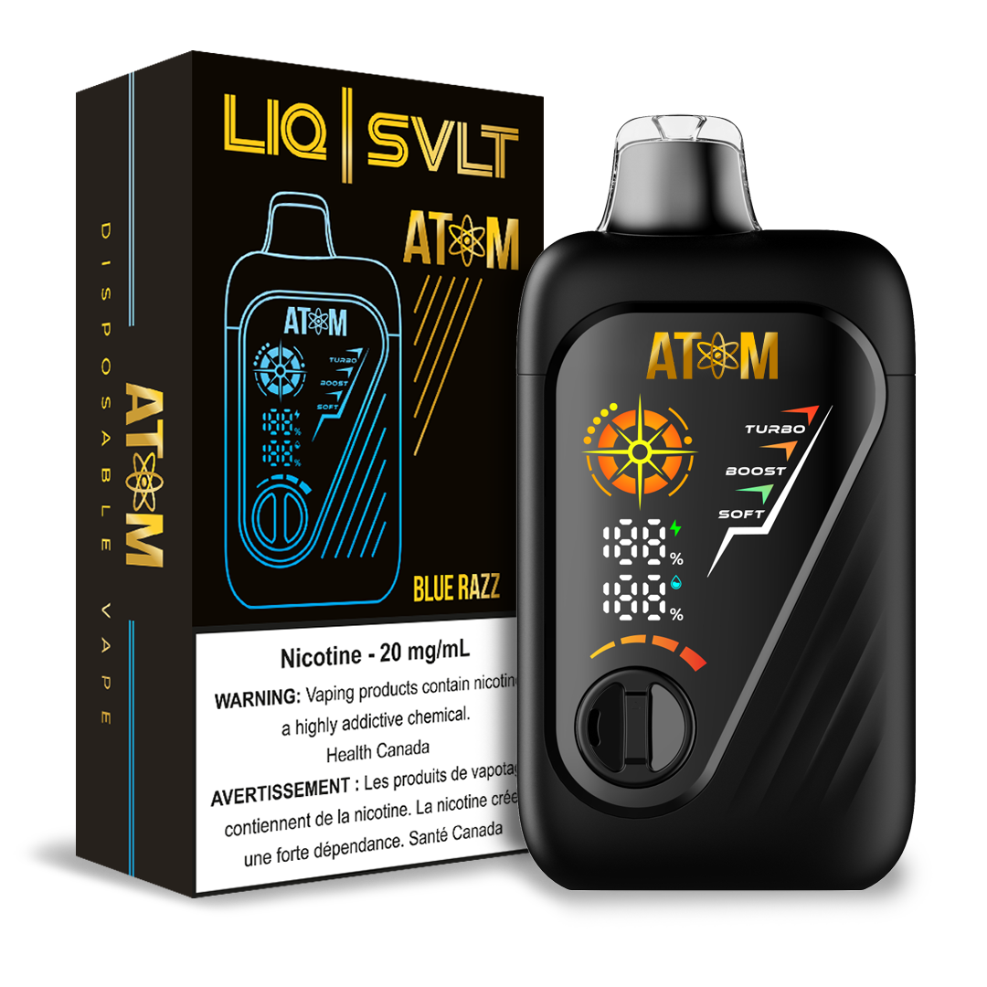 ATOM 99K disposable vape device and packaging in Blue Razz flavor