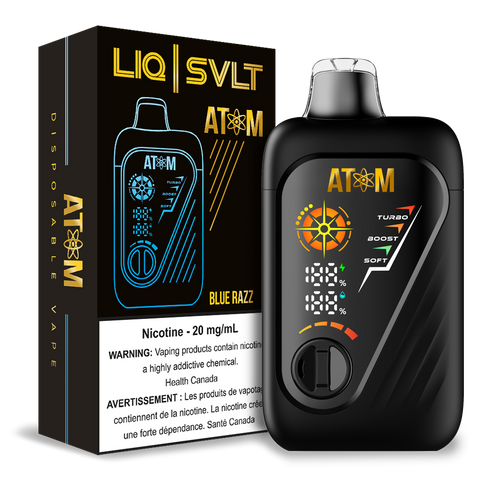 ATOM 99K disposable vape device and packaging in Blue Razz flavor