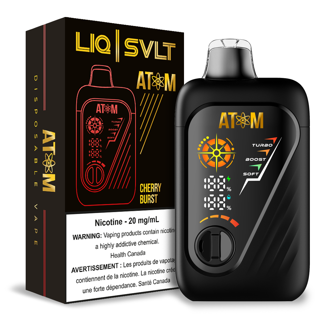 ATOM 99K disposable vape device and packaging in Cherry Burst flavor