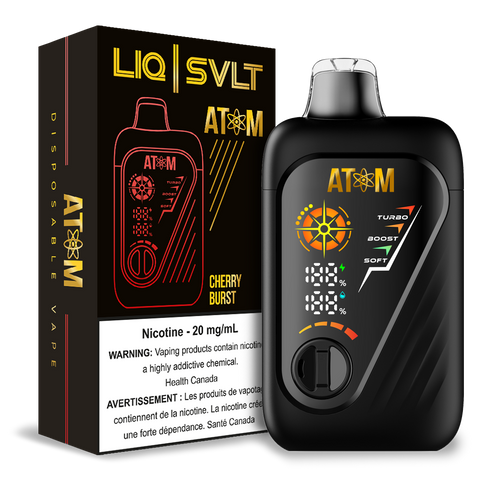 ATOM 99K disposable vape device and packaging in Cherry Burst flavor
