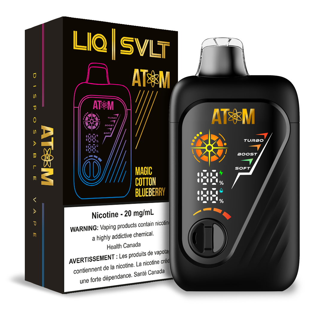ATOM 99K disposable vape device and packaging in Magic Cotton Blueberry flavor