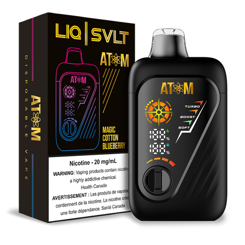 ATOM 99K disposable vape device and packaging in Magic Cotton Blueberry flavor