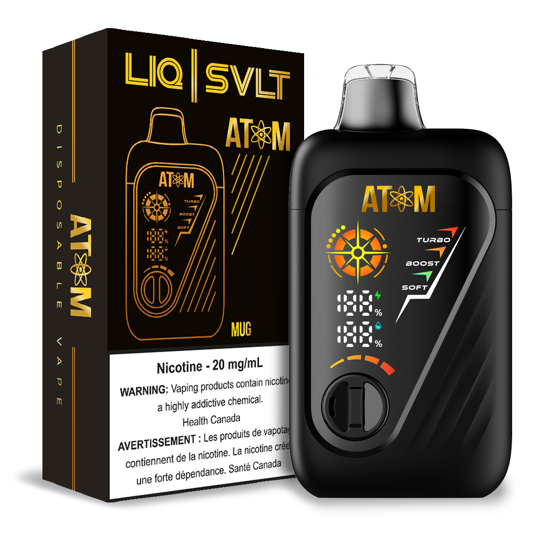 ATOM 99K disposable vape device and packaging in Mug flavor