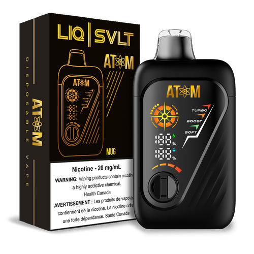 ATOM 99K disposable vape device and packaging in Mug flavor