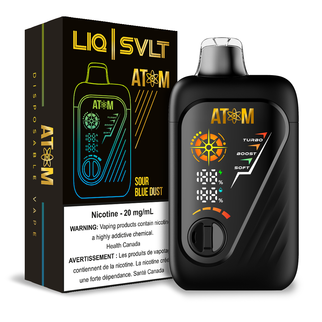 ATOM 99K disposable vape device and packaging in Sour Blue Dust flavor