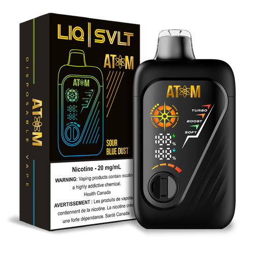 ATOM 99K disposable vape device and packaging in Sour Blue Dust flavor