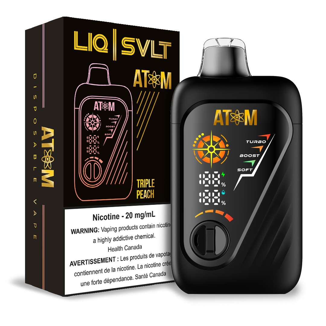 ATOM 99K disposable vape device and packaging in Triple Peach flavor