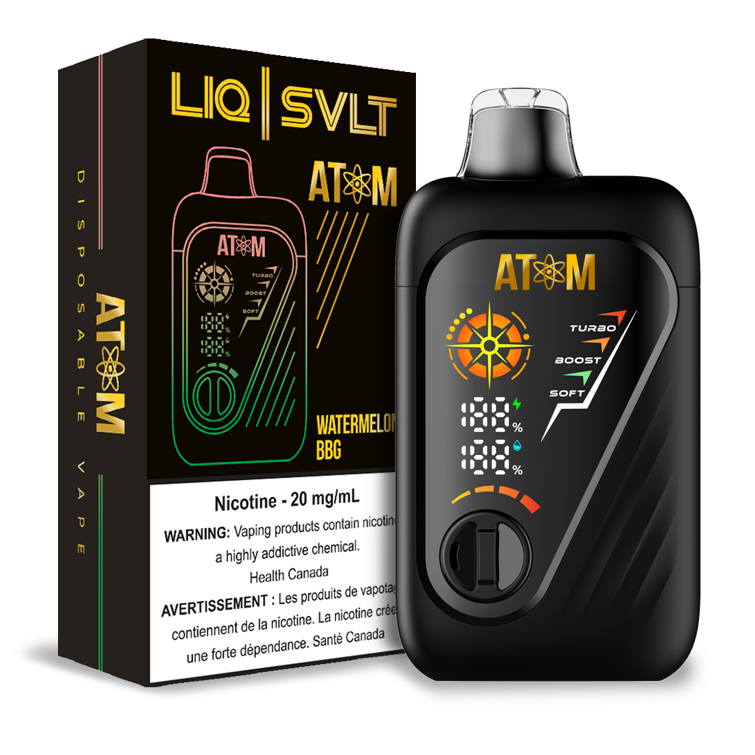 LIQ SVLT ATOM 99K disposable vape device and packaging in Watermelon BBG flavor