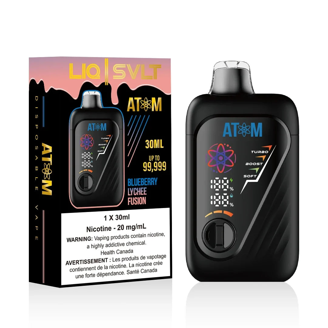 ATOM 99K disposable vape device and packaging in Blueberry Lychee Fusion flavor
