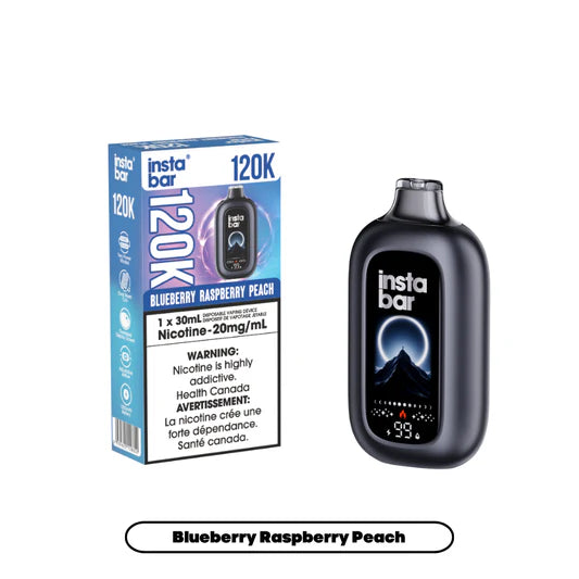 Insta Bar vape device and packaging with blueberry raspberry peach flavor on a white background