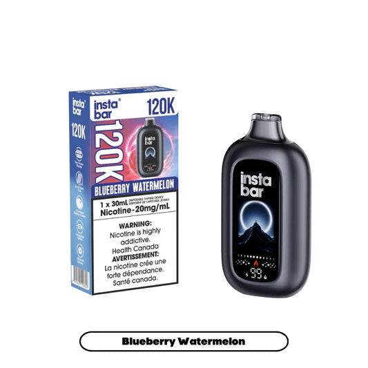 Insta Bar vape device and packaging with blueberry watermelon flavor on a white background