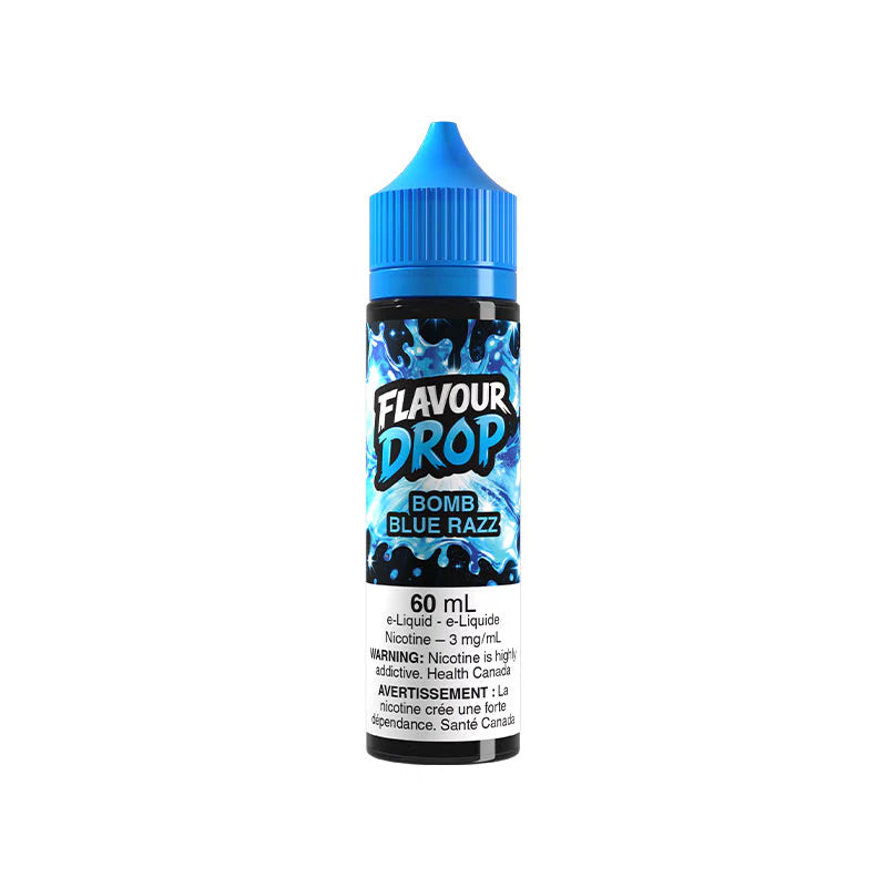 Flavour Drop Bomb Blue Razz e-liquid bottle on a white background