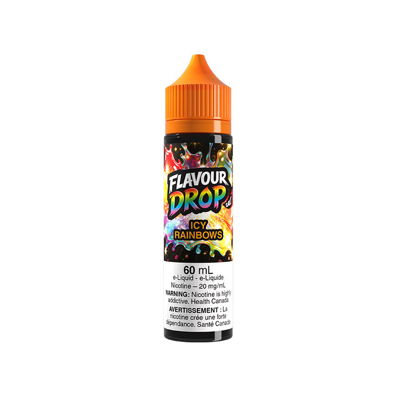 Flavour Drop Icy Rainbows vape juice bottle with orange cap on a white background