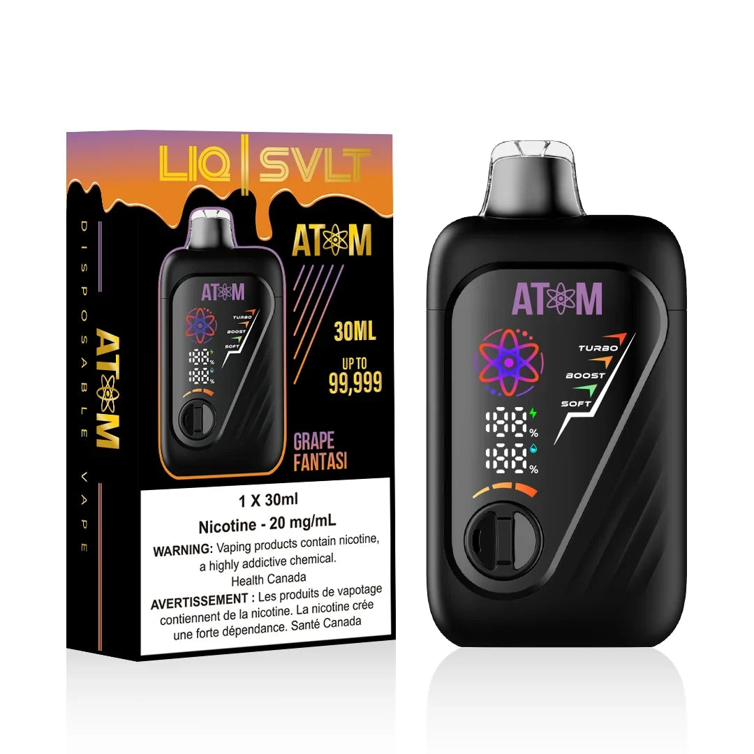 ATOM 99K disposable vape device and packaging in Grape Fantasi flavor