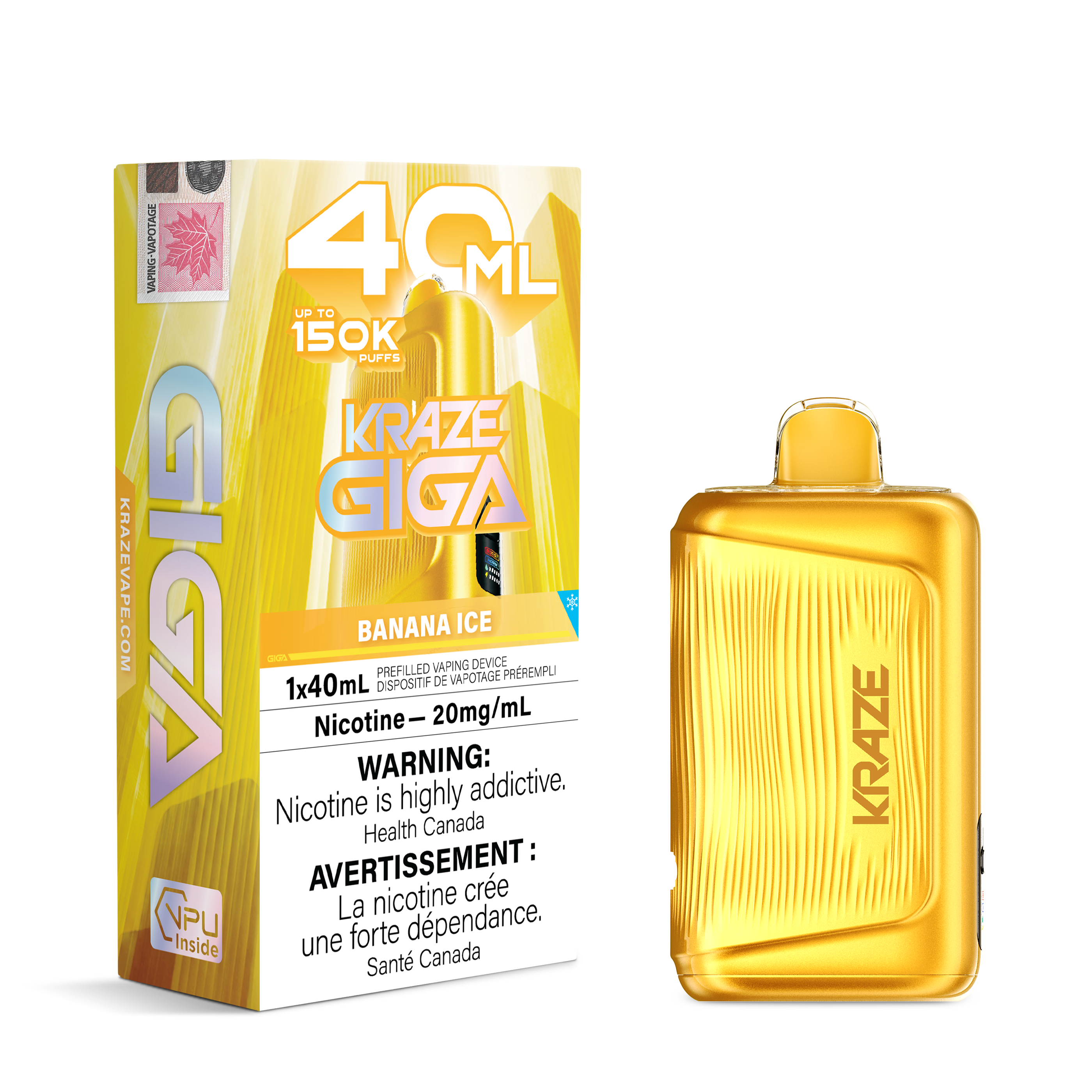 A yellow and gold Kraze Giga disposable vape device next to its retail packaging box on a plain white background. The box features '40 ML', '150K Puffs', and 'Banana Ice' flavor details.