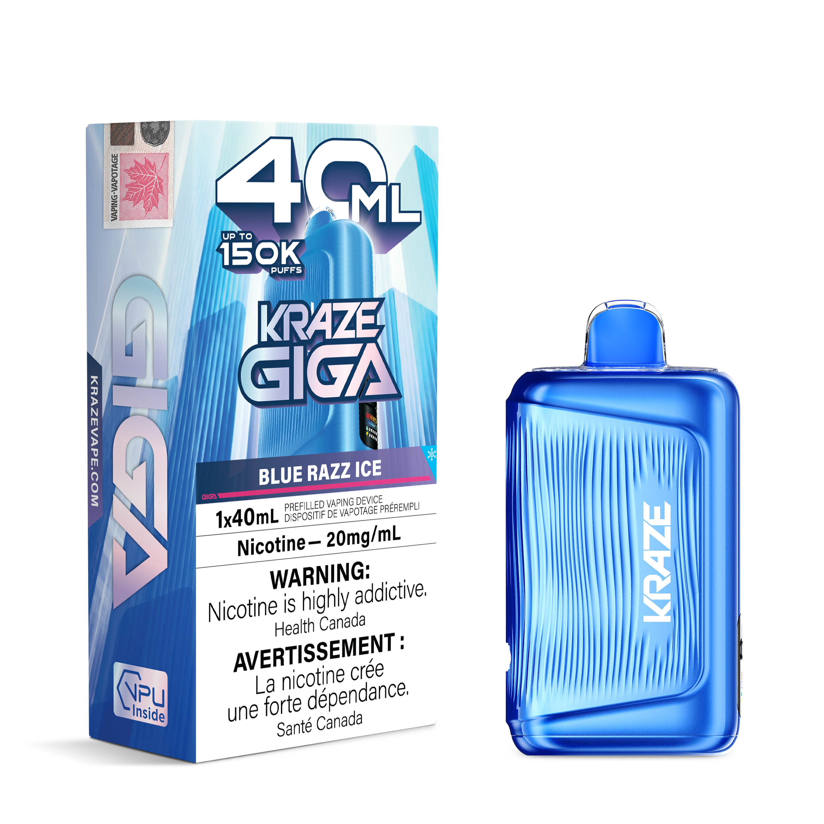A blue disposable vape device next to its retail packaging box. The box is white and blue with '40 ML', 'KRAZE GIGA', and 'BLUE RAZZ ICE' printed on it, and includes nicotine warning text.