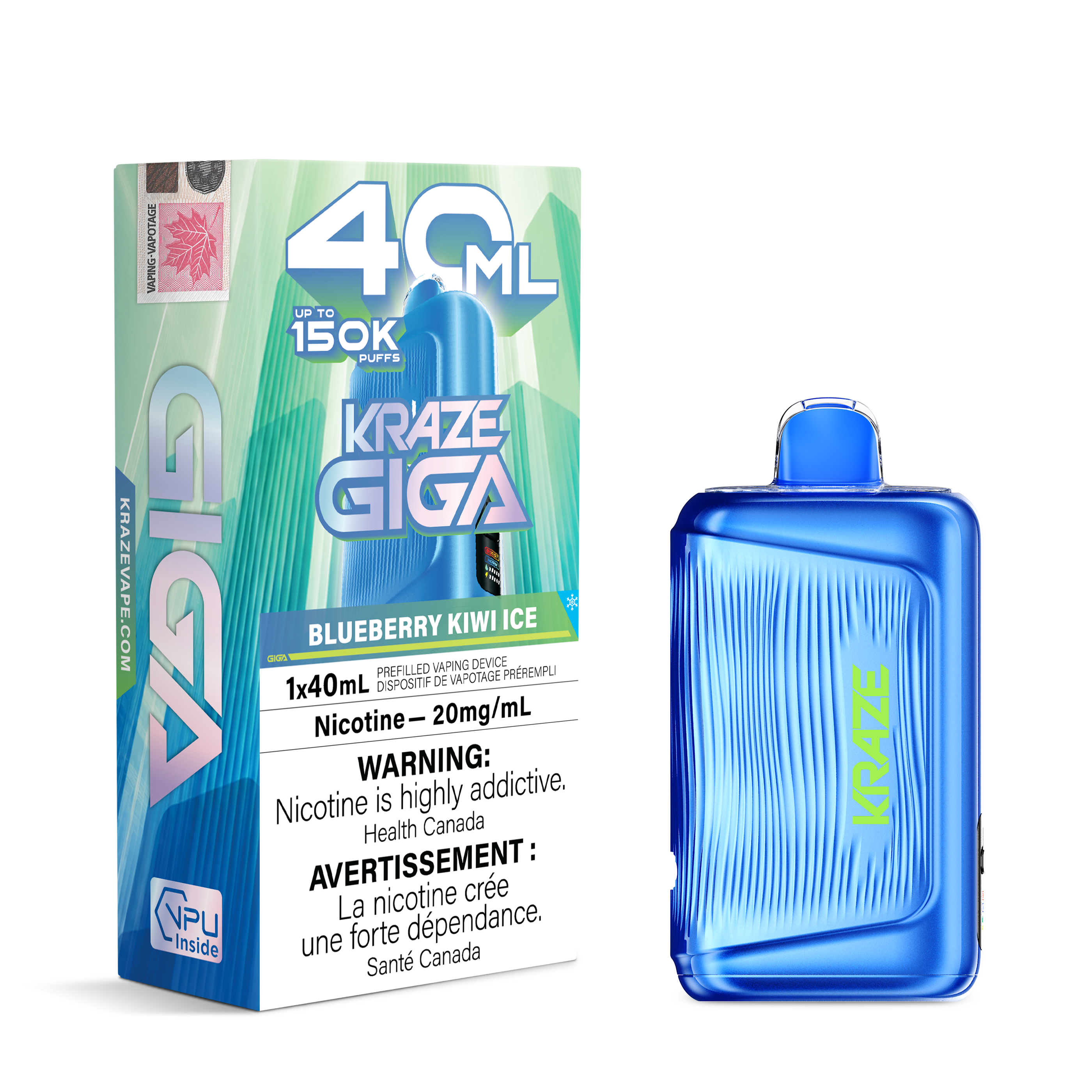 A blue 40 mL disposable vape device stands beside its retail box on a plain white background. The packaging is teal, white, and blue with large '40 ML' text and 'KRAZE GIGA' branding, plus flavor text 'Blueberry Kiwi Ice' and nicotine strength details.