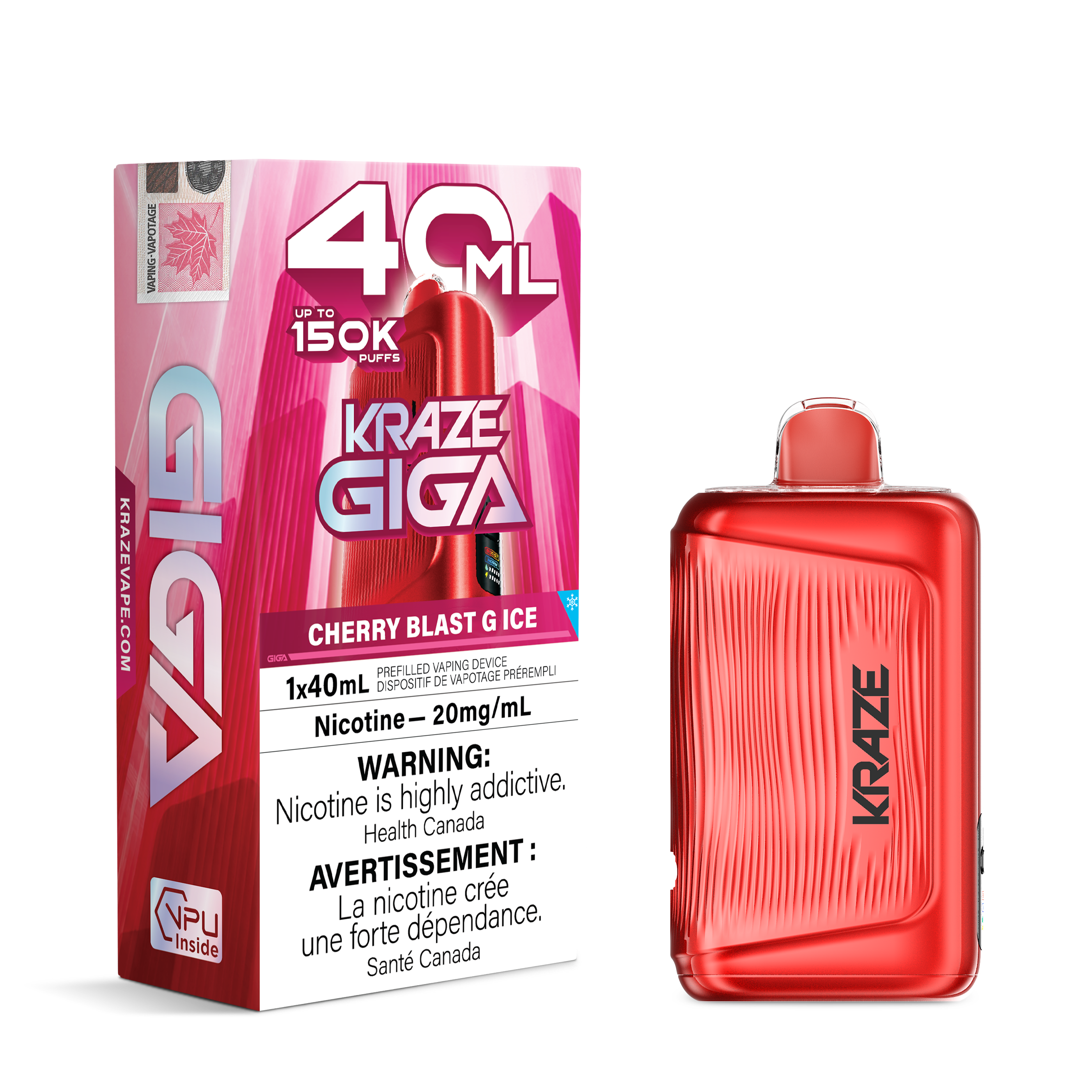 A red disposable vape device next to its pink and white retail box, labeled 'Kraze Giga' and 'Cherry Blast G Ice'.