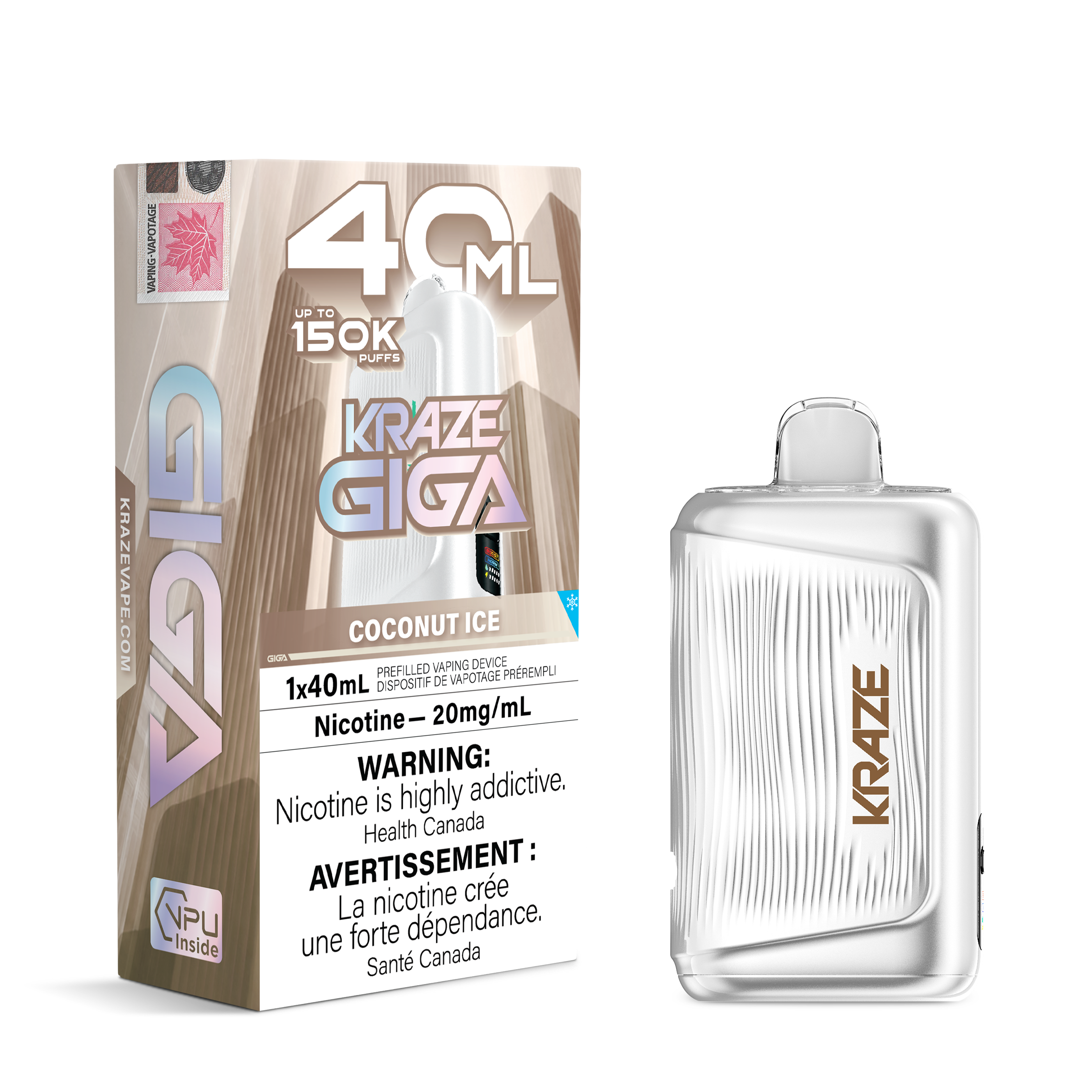 Kraze Giga 40ml disposable vape device next to its retail packaging box on a plain white background. The box is beige and white with prominent product branding and health warning text.