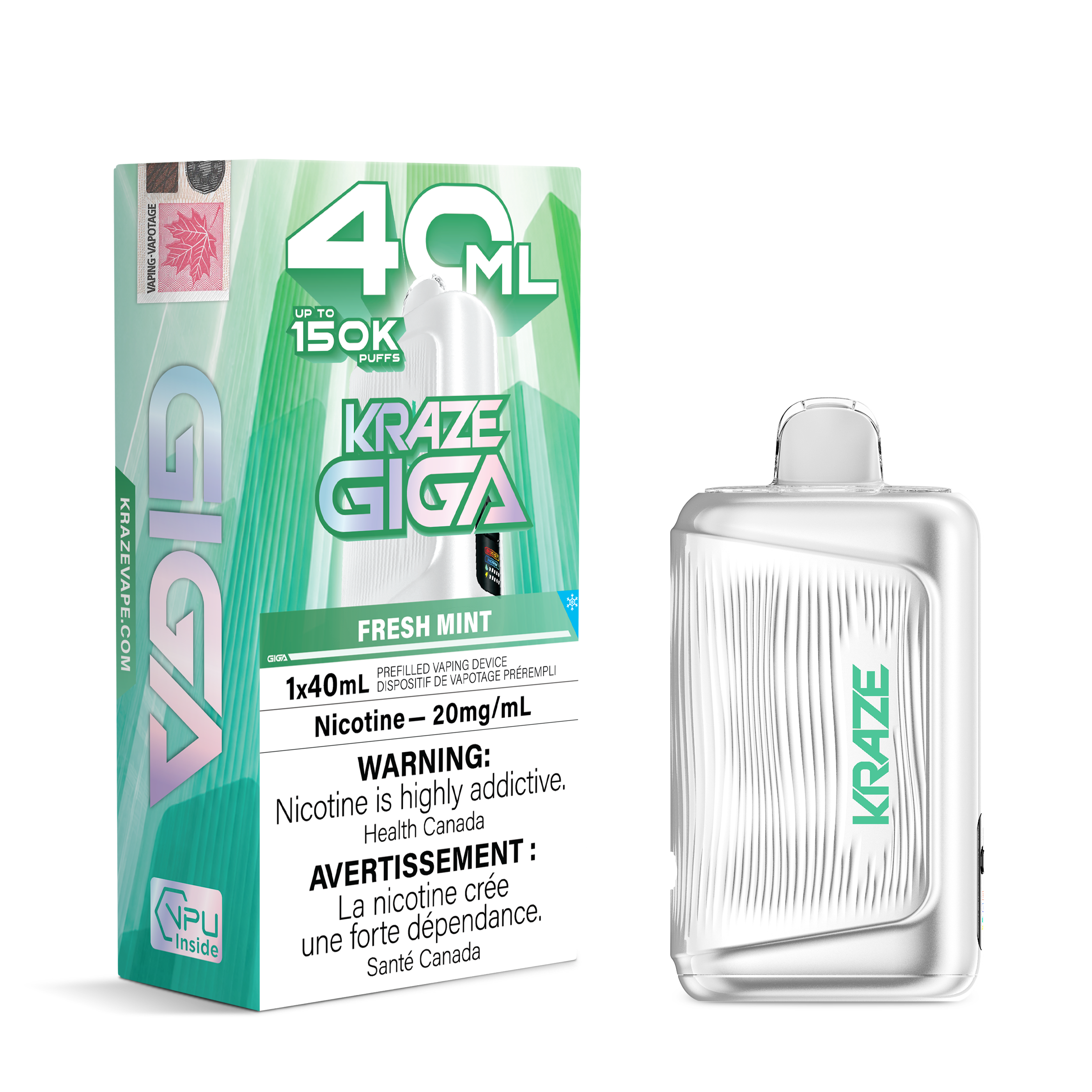 A 40 mL disposable vape device and its retail packaging box from the brand KRAZE GIGA, in Fresh Mint flavor. The device is clear with a ribbed texture and a green logo, shown next to its green and white box with product details and a health warning.