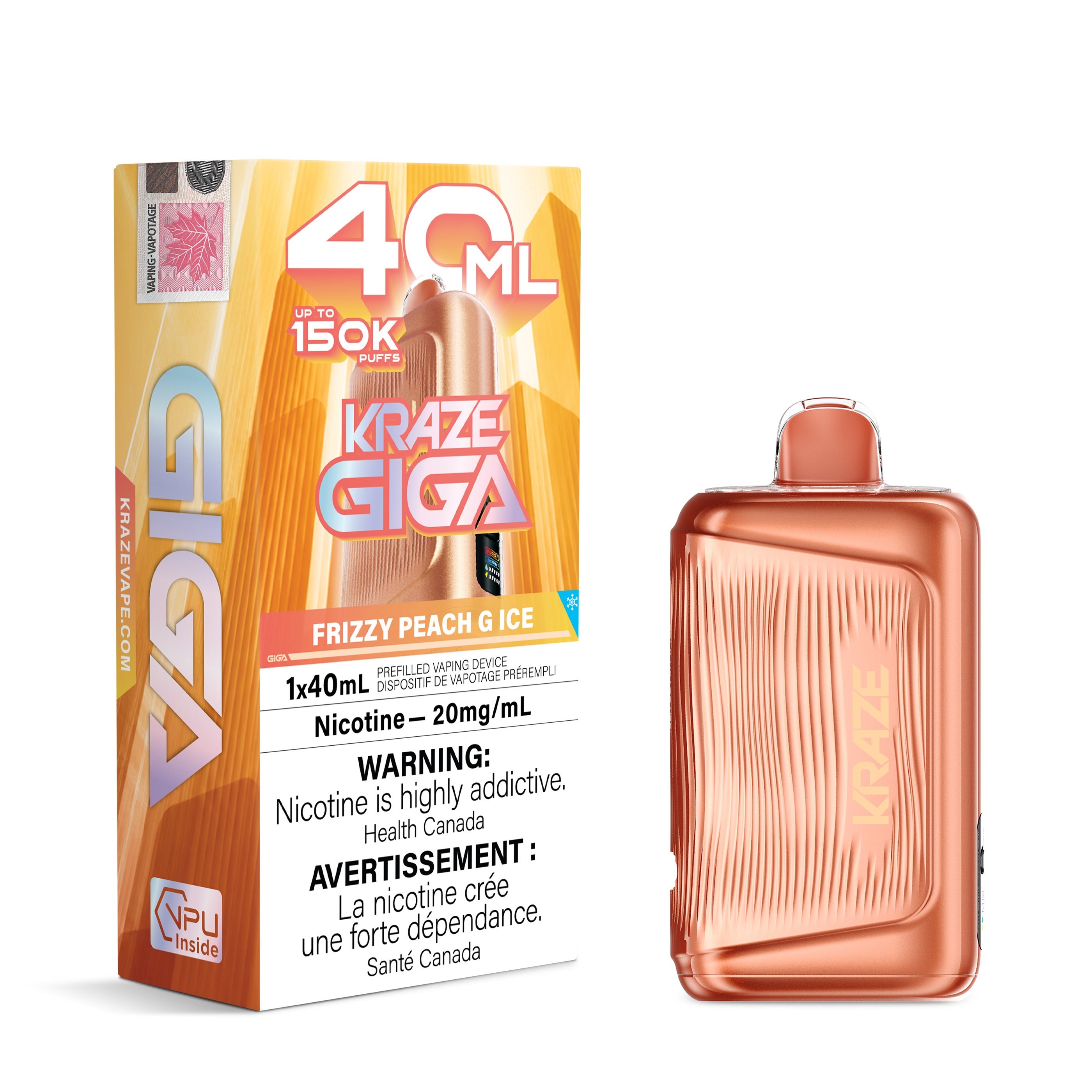 Kraze Giga 40ml disposable vape device in a metallic copper/rose gold finish, shown next to its orange and white retail packaging box on a white background.