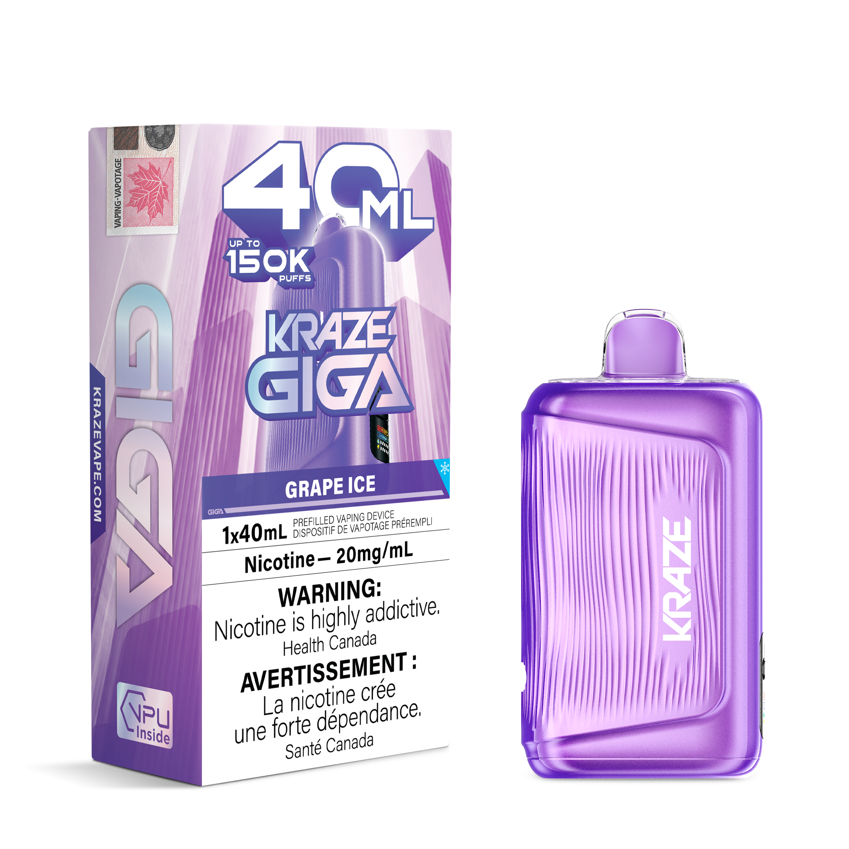 A purple vape device next to its retail box on a white background. The packaging features 'KRAZE GIGA' and 'GRAPE ICE' text with a nicotine warning label.