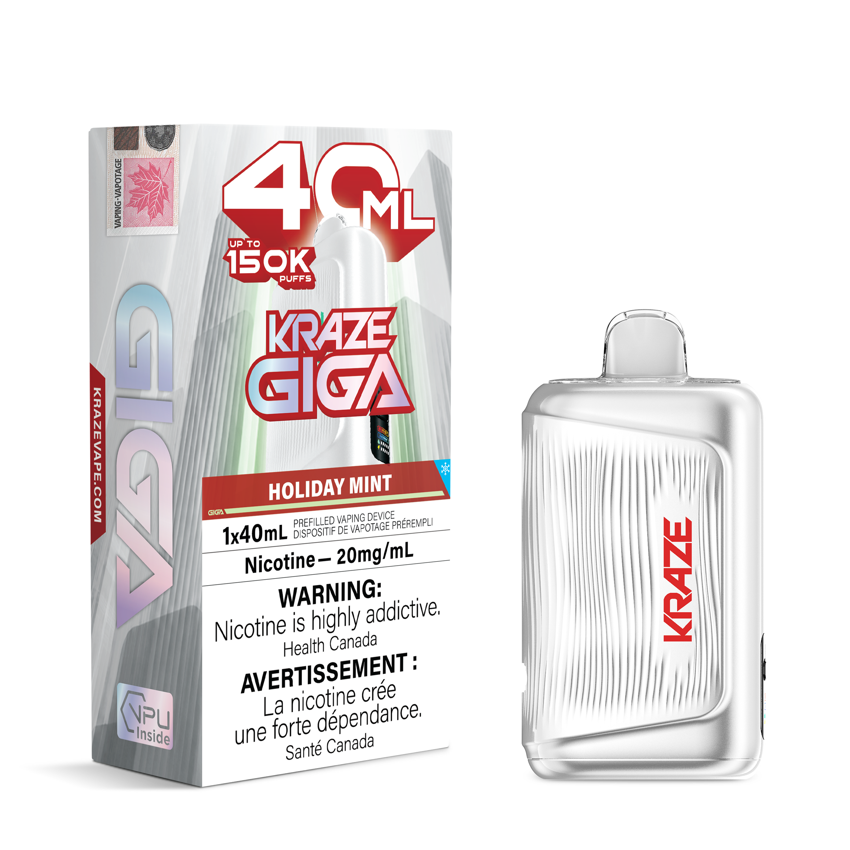 Kraze Giga 40ml disposable vape device next to its retail packaging box, featuring a silver and white design with red accents and 'Holiday Mint' flavor labeling.