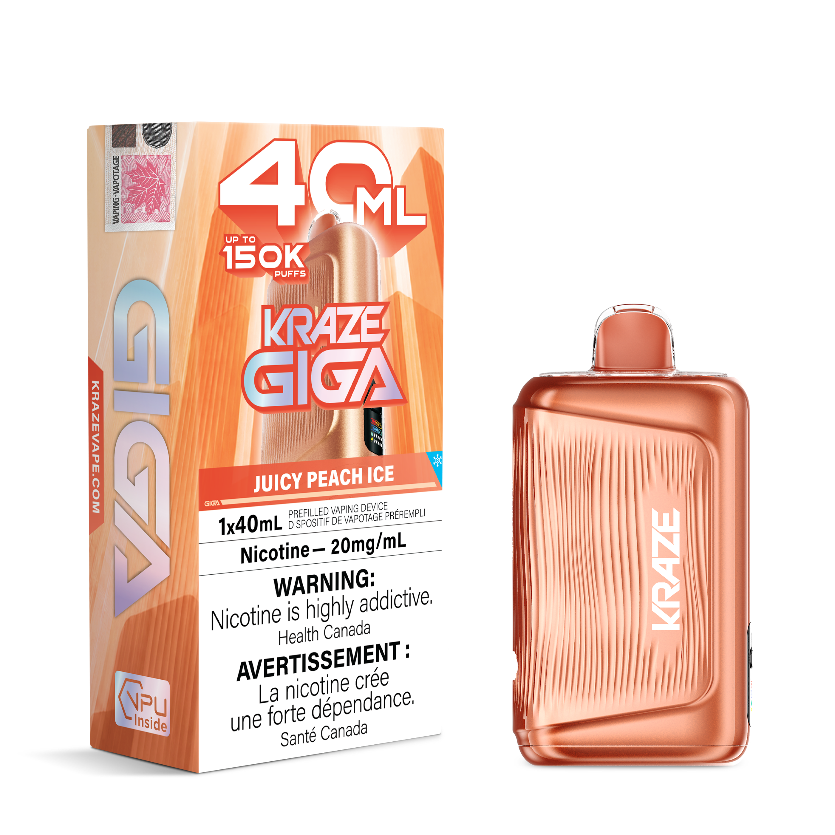 A 40 mL disposable vape device in a metallic copper/rose-gold finish stands next to its retail box. The packaging features a peach and orange gradient design with 'KRAZE GIGA' branding and a prominent nicotine warning label.