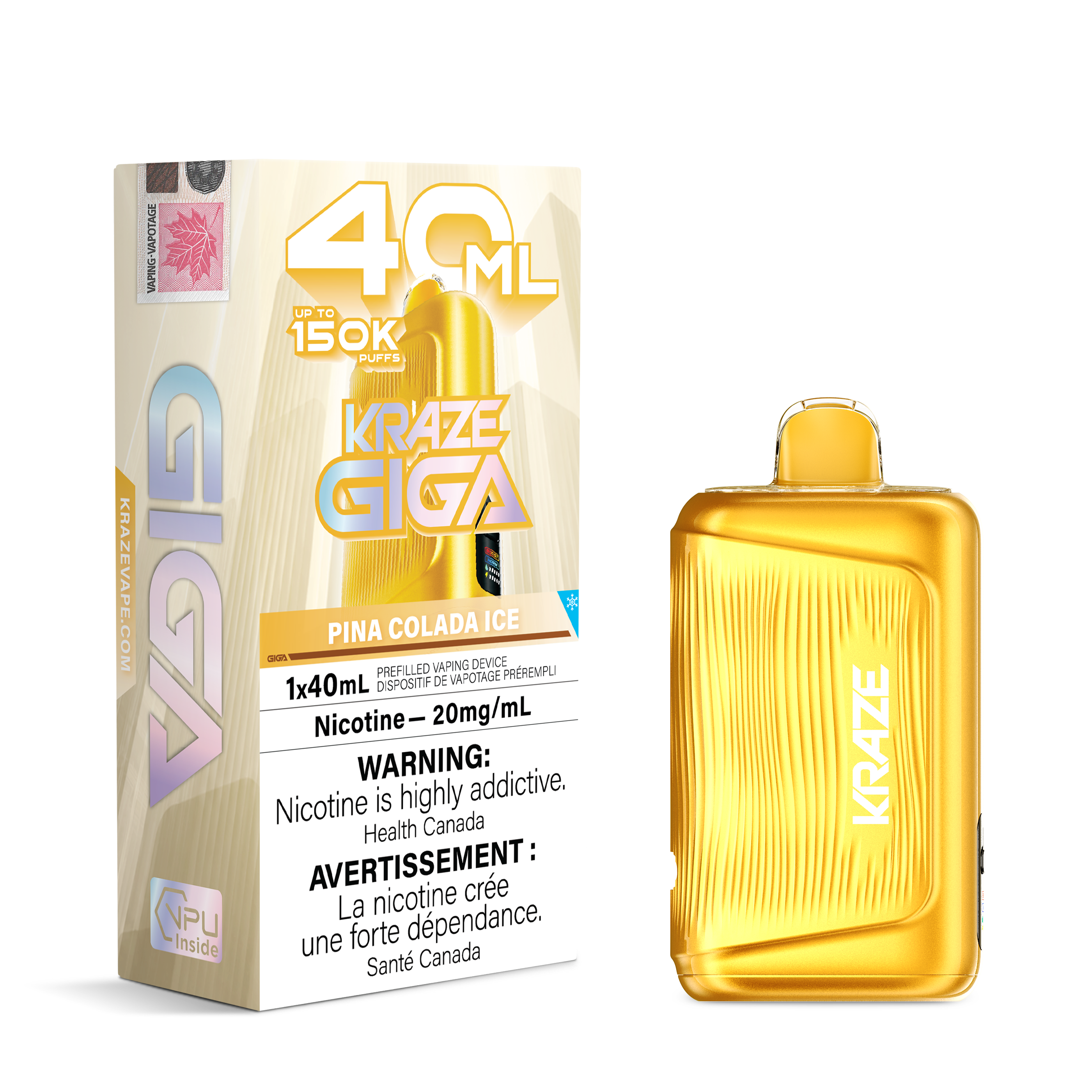A 40 mL disposable vape device in a metallic gold finish stands next to its packaging box. The box is cream-colored with gold lettering and features the brand name 'Kraze Giga' and flavor 'Pina Colada Ice'.