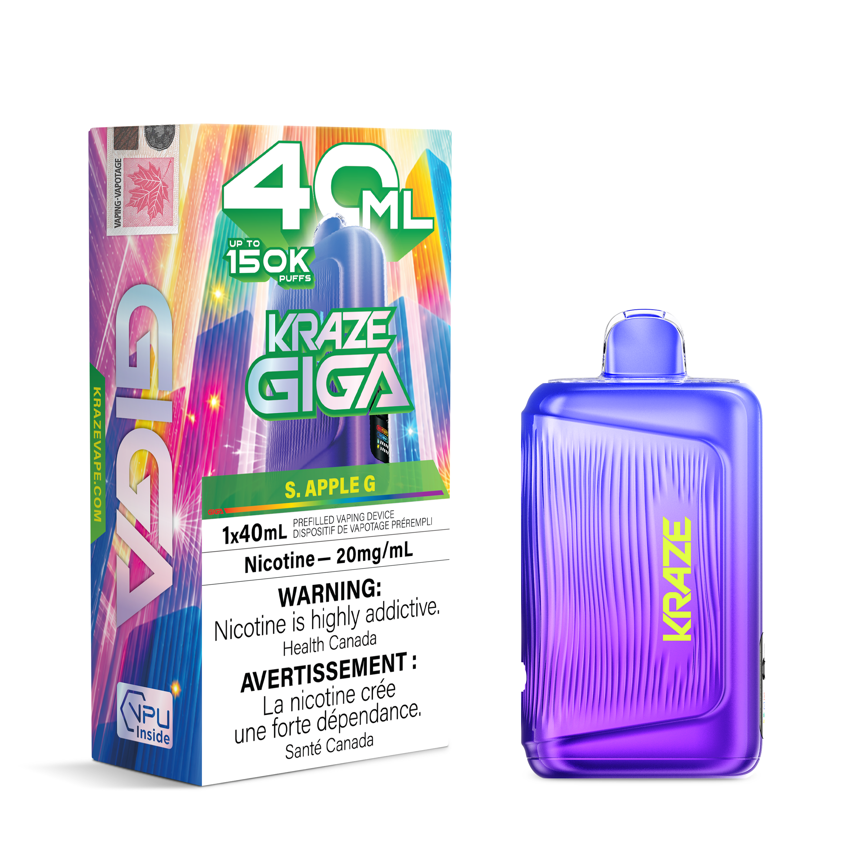 A RED rectangular vape device with a ribbed front and a matching purple mouthpiece stands beside its retail box. The packaging is brightly colored with neon graphics and large text reading '40 ML' and 'KRAZE GIGA', with flavor text 'S.