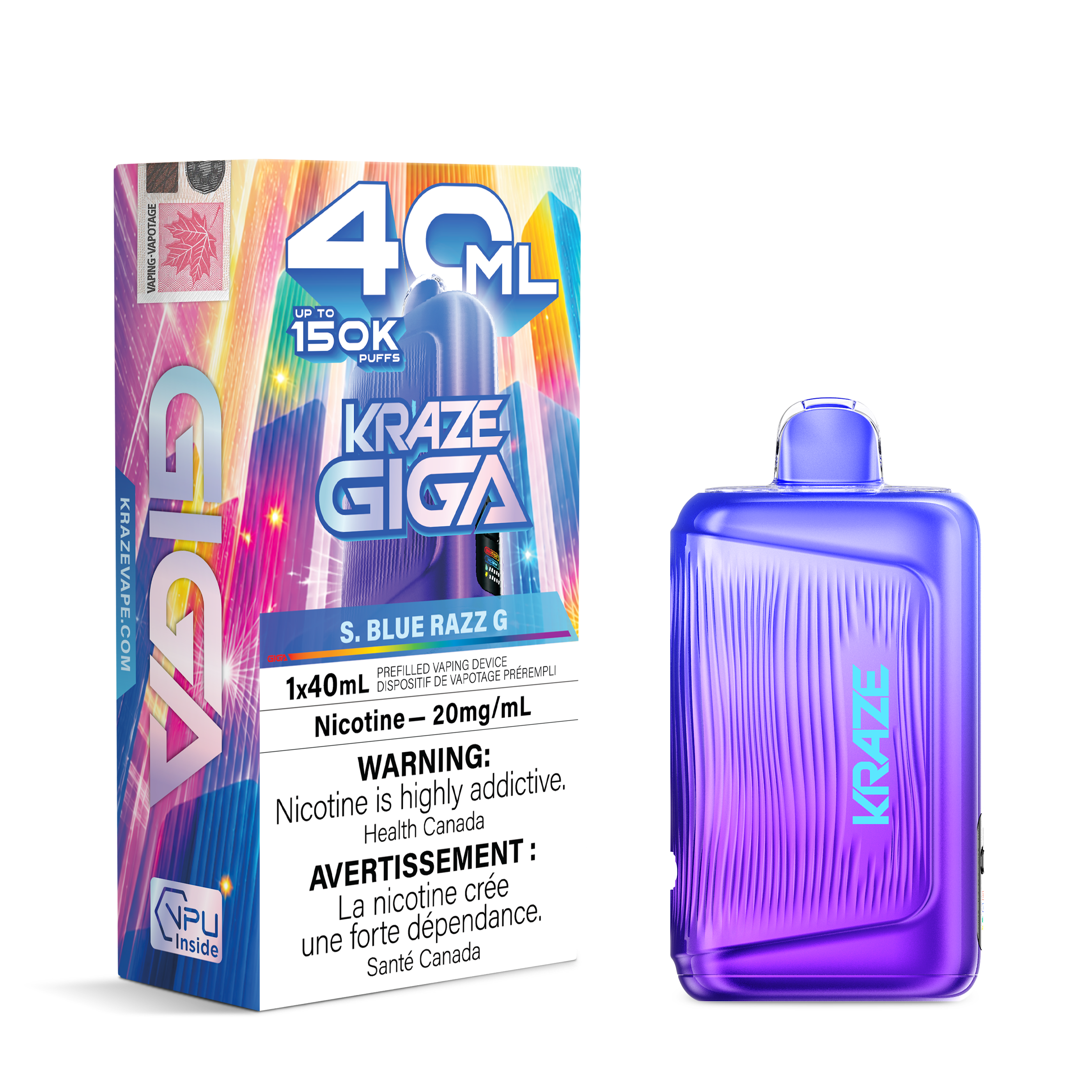Kraze Giga S. Blue Razz G disposable vape device next to its retail packaging box, featuring a vibrant purple and blue color scheme with neon accents.
