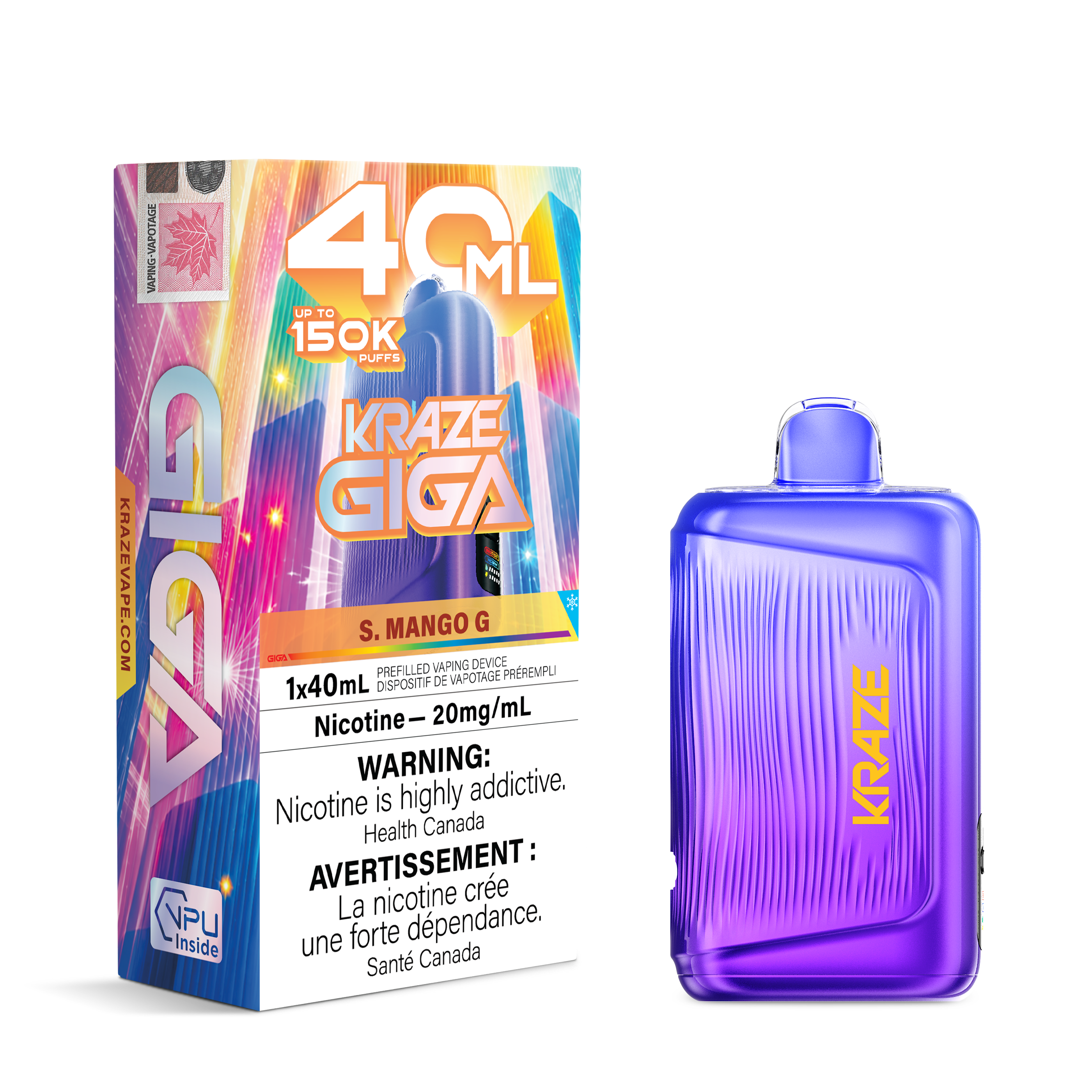 A purple 40 mL disposable vape device next to its colorful retail box on a plain white background. The box features 'KRAZE GIGA' branding and a prominent warning label.