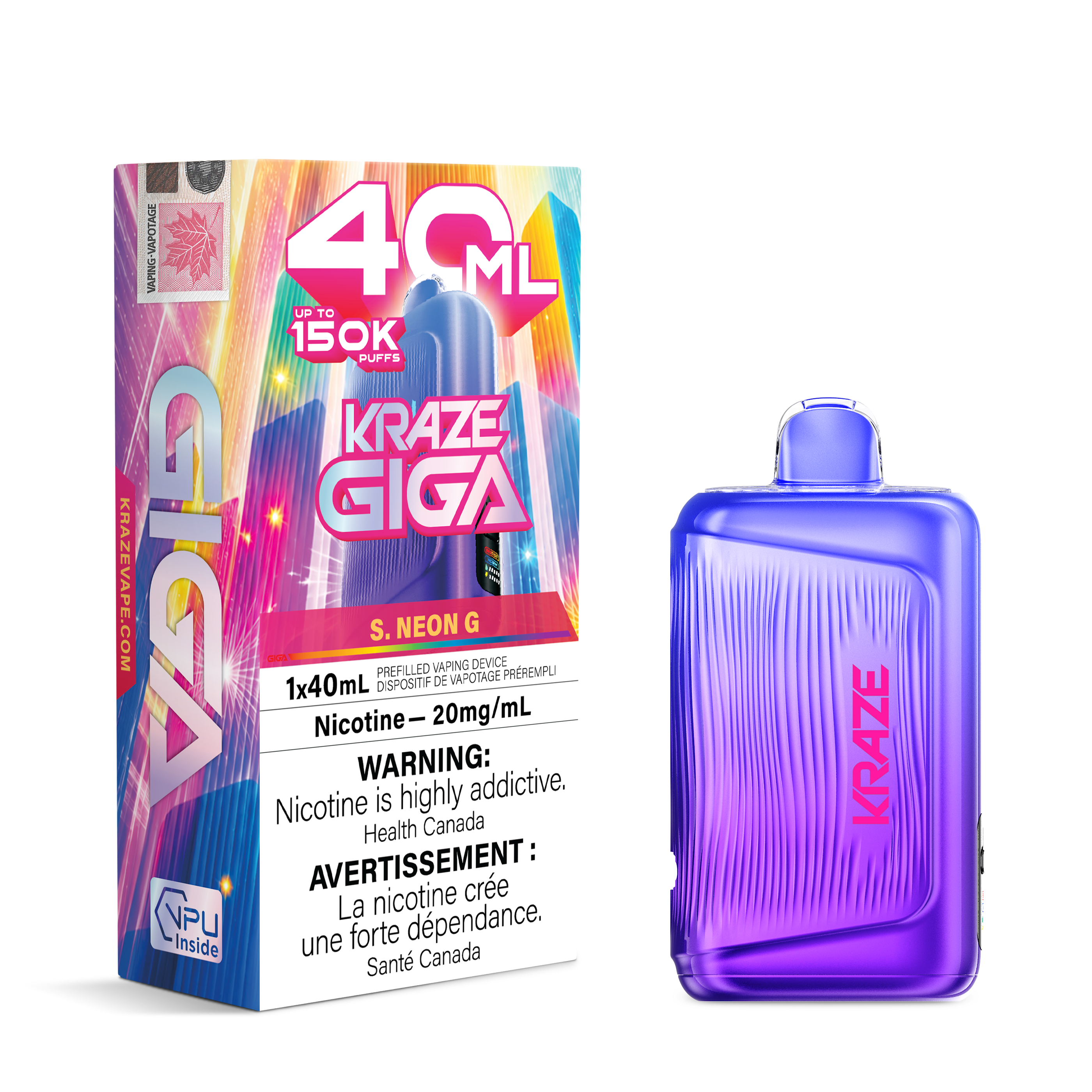 A purple 40 mL disposable vape device next to its colorful retail packaging box on a plain white background. The packaging features vibrant neon graphics and text including '40 ML', 'KRAZE GIGA', and 'S.