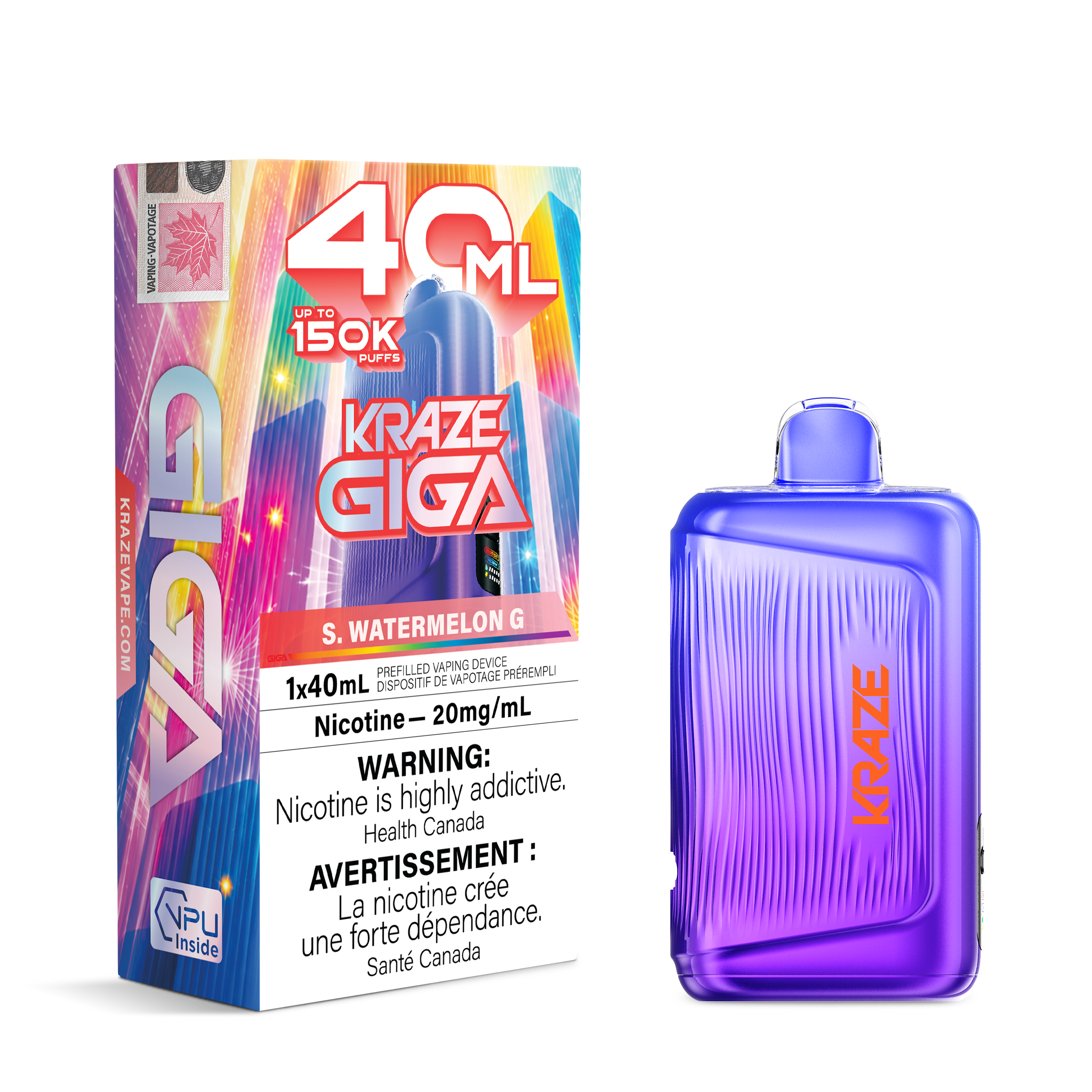 A purple 40 mL disposable vape device next to its colorful retail box on a plain white background. The packaging features vibrant neon graphics and text including '40 ML', 'KRAZE GIGA', and 'S.