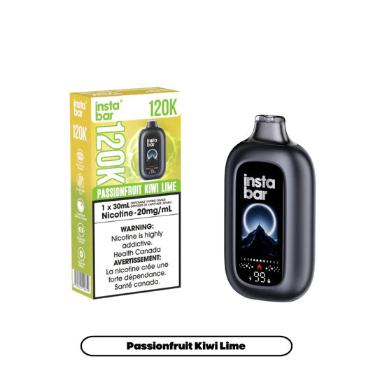 Insta Bar vape device and packaging with 'Passionfruit Kiwi Lime' flavor on a white background