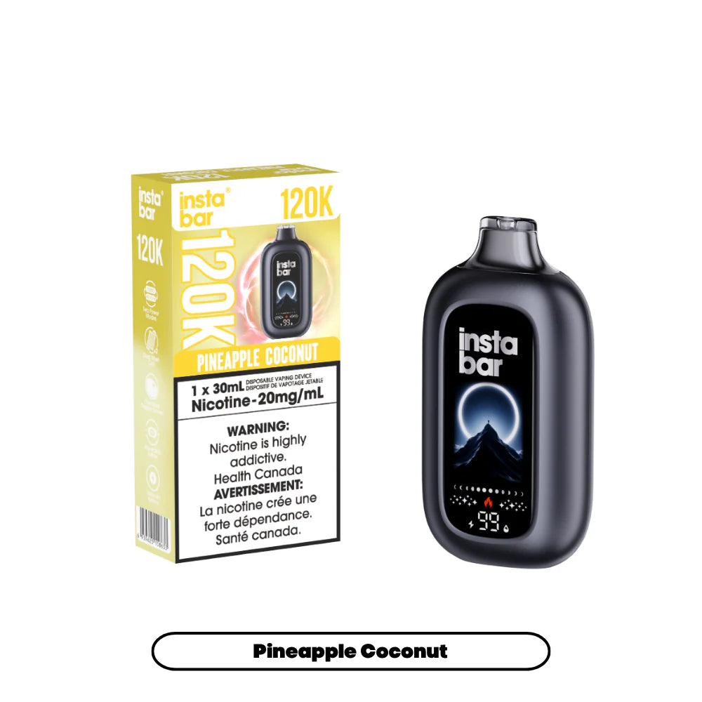 Insta Bar vape device and packaging with 'Pineapple Coconut' flavor on a white background