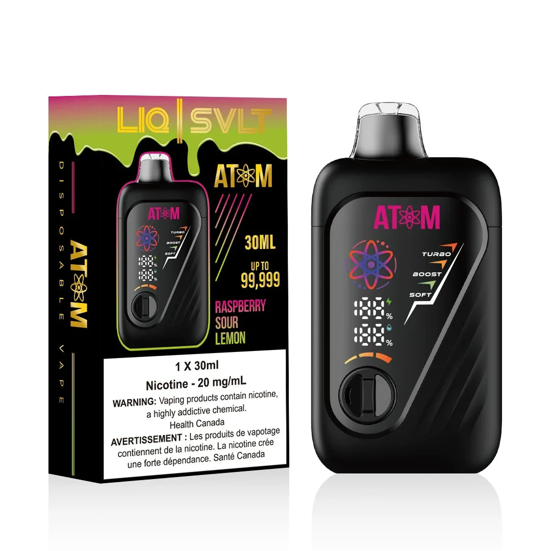 ATOM 99K disposable vape device and packaging in Raspberry Sour Lemon flavor