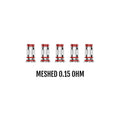 Five red and silver vape coils with 'MESHEd 0.15 OHM' text on a white background
