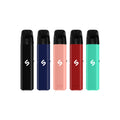 Five vape devices in black, blue, pink, red, and green on a white background.