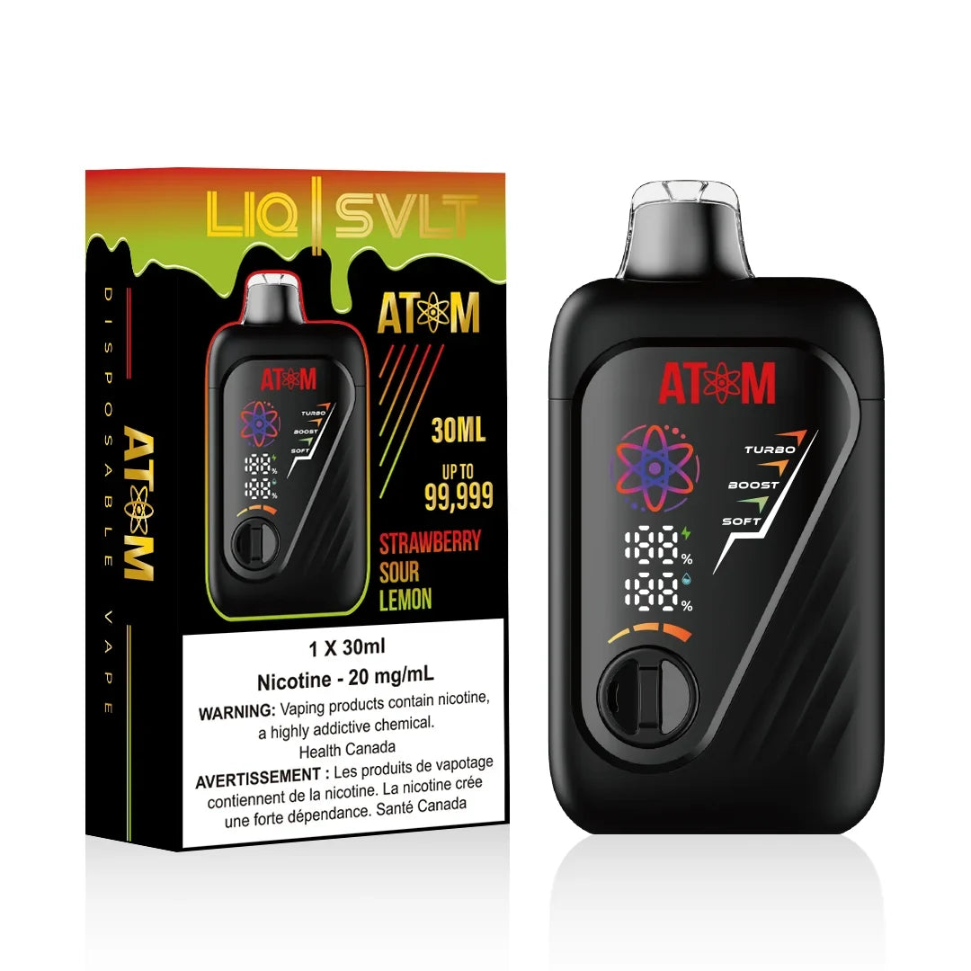 ATOM 99K disposable vape device and packaging in Strawberry Sour Lemon flavor