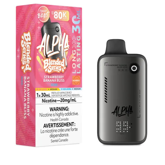 Alpha blended series vape device with packaging on a white background