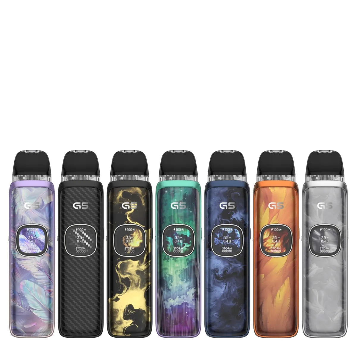 Eight GS vaping devices in various colors on a white background